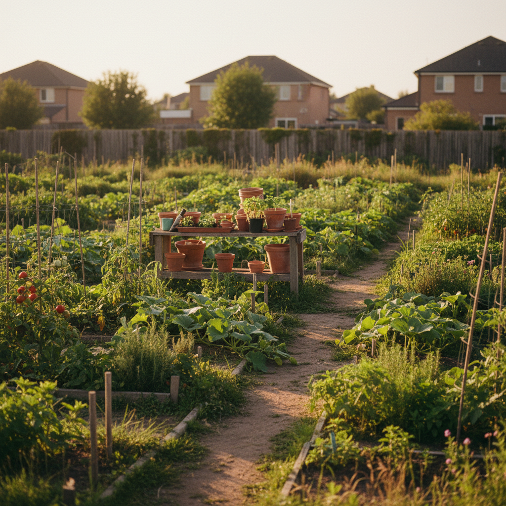 A homestead property at golden hour with a vegetable garden and a cosy house with warm light in the windows