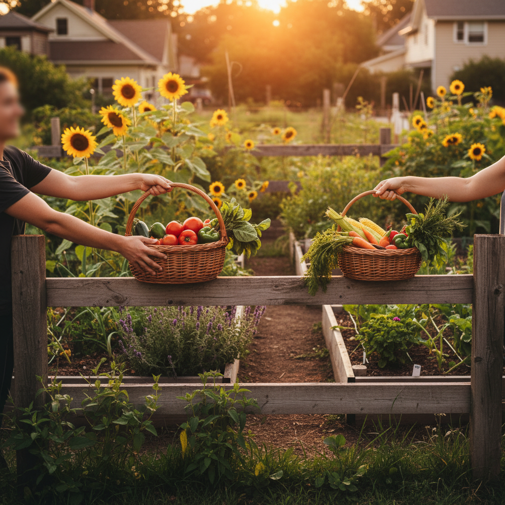 Neighbours exchanging baskets of fresh vegetables over a garden fence at golden hour
