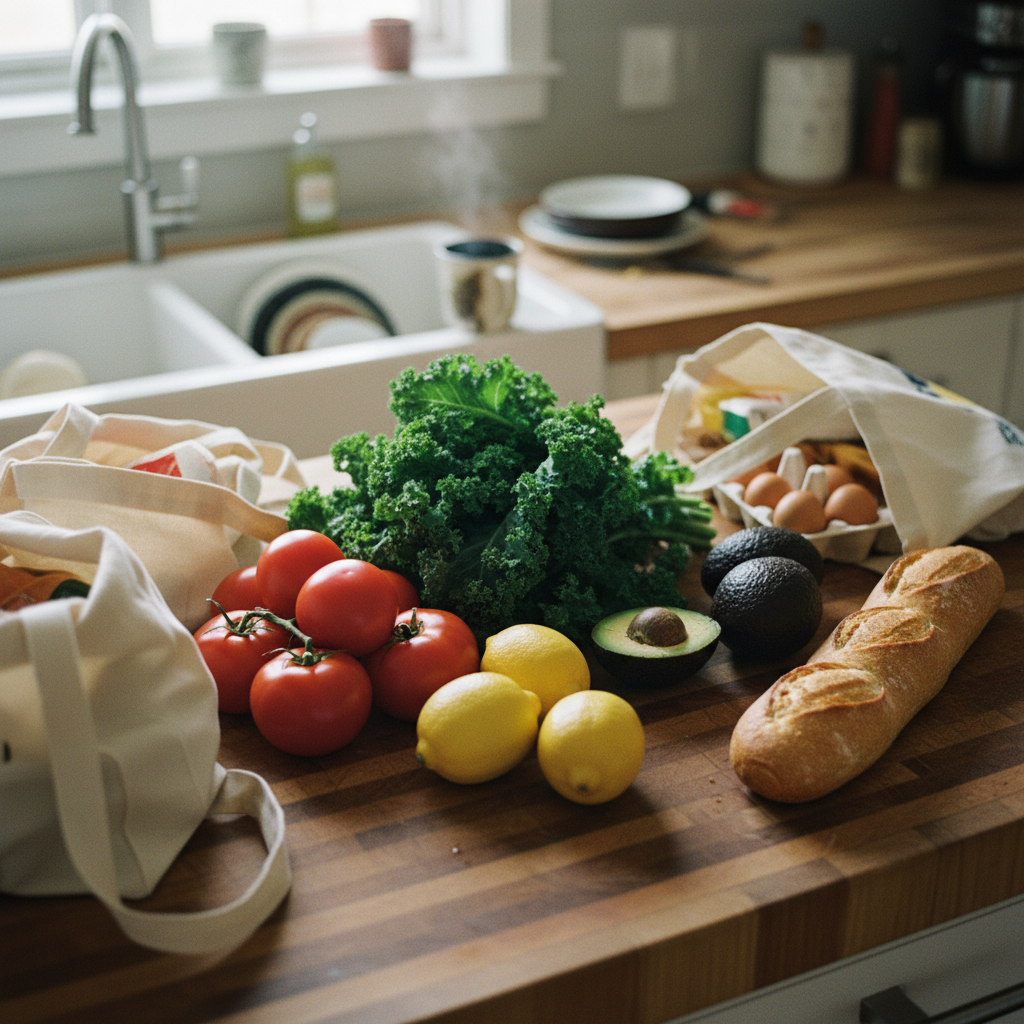 A well-stocked homestead kitchen counter with fresh tomatoes, herbs, lemons, garlic, and olive oil on a wooden cutting board