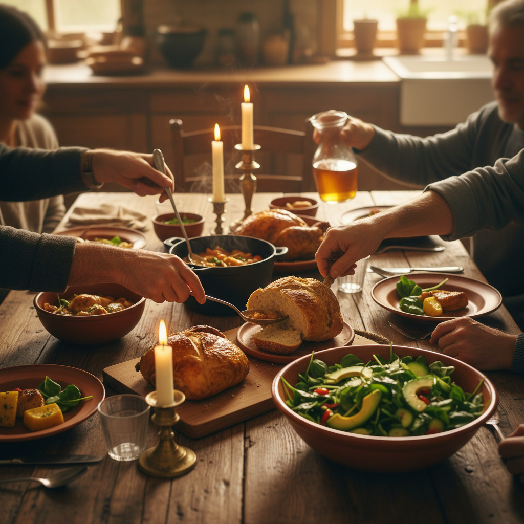A family sharing a home-cooked meal around a rustic farmhouse table with warm candlelight